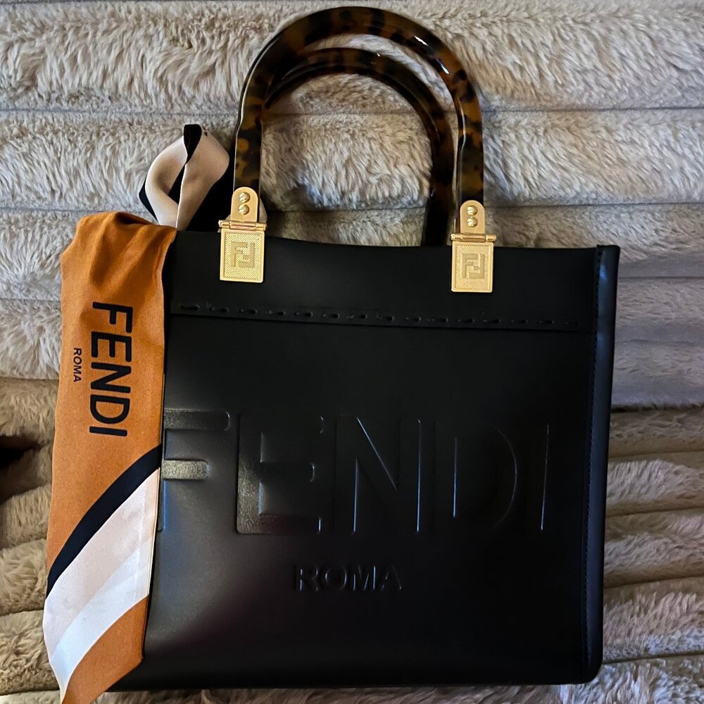 Fendi Sunshine Small, Black Leather Handbag with Silk Wrap Scarf
